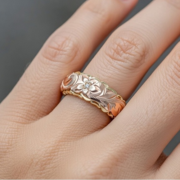 Jewelry - Hawaiian Heirloom Plumeria Wedding Band Rose & Yellow Gold w/Cubic Zirconia 911